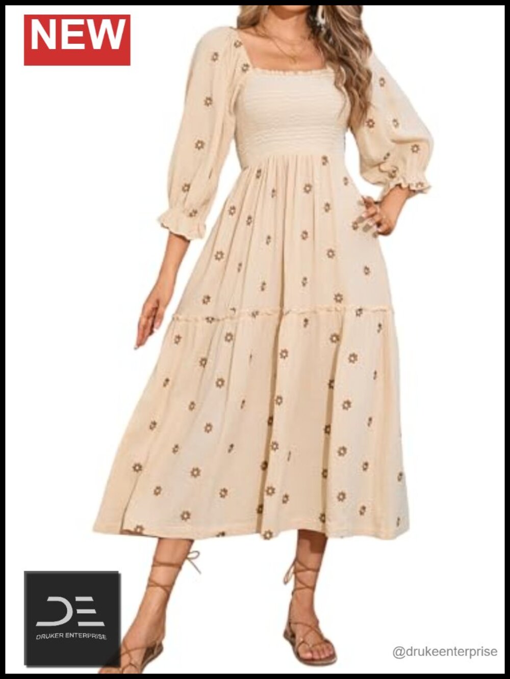 Women's Floral Embroidered Midi Dress Puff Sleeve Square Neck Backless